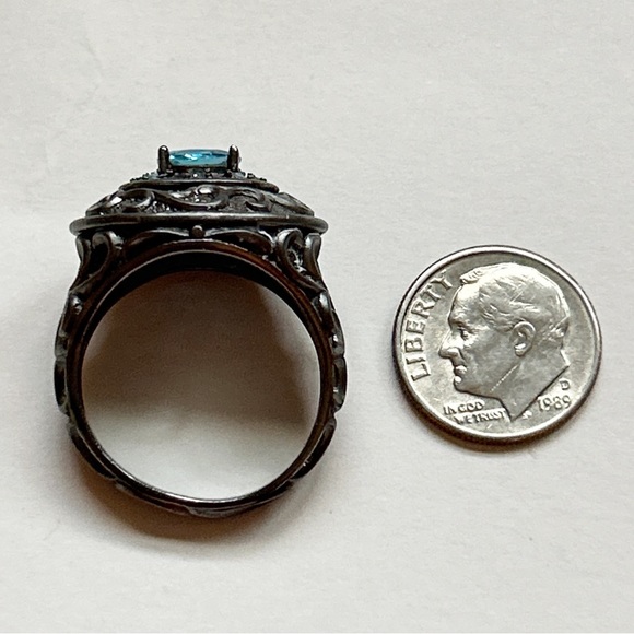 Blue Topaz Oxidized Sterling Silver Ornate Scroll Ring 10 - Picture 16 of 16